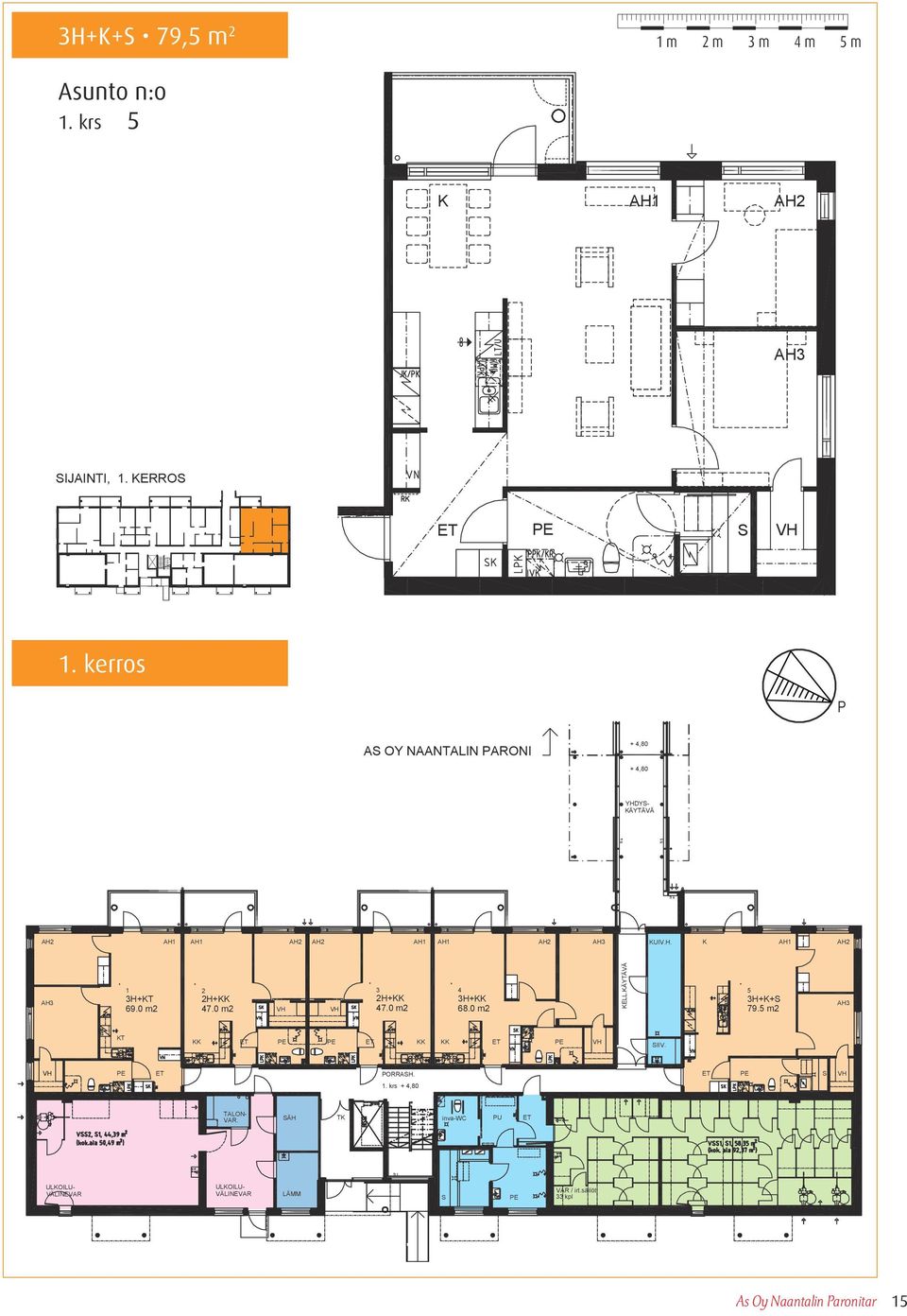 0 m2 3 2H+ 47.0 m2 4 3H+ 68.0 m2 KELL.KÄYTÄVÄ 5 3H+K+S 79.5 m2 KT SIIV. ORRASH. S 1.