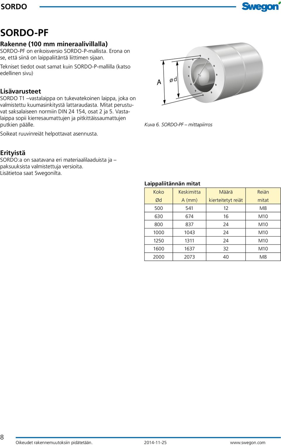 Mitat perustuvat saksalaiseen normiin DIN 24 154, osat 2 ja 5. Vastalaippa sopii kierresaumattujen ja pitkittäissaumattujen putkien päälle. Soikeat ruuvinreiät helpottavat asennusta. Kuva 6.