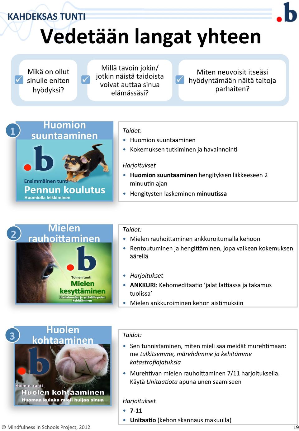 1 Huomion suuntaaminen Taidot: Huomion suuntaaminen Kokemuksen tutkiminen ja havainnoine Harjoitukset Huomion suuntaaminen hengityksen liikkeeseen 2 minuuen ajan Hengitysten laskeminen minuu)ssa 2