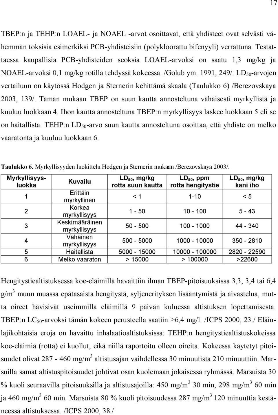 LD 50 arvojen vertailuun on käytössä Hodgen ja Sternerin kehittämä skaala (Taulukko 6) /Berezovskaya 2003, 139/.