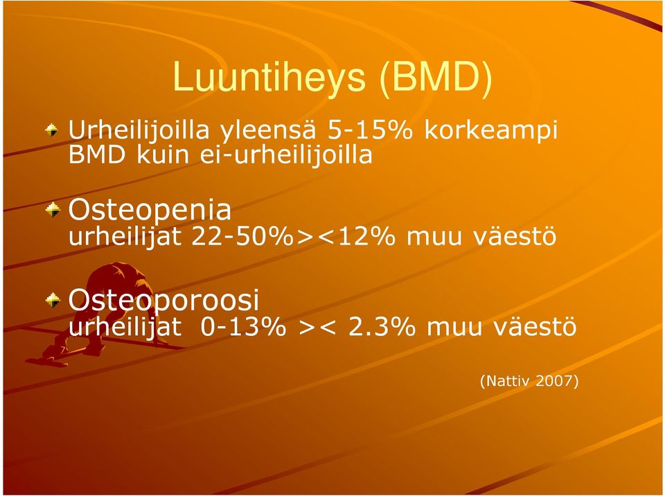 urheilijat 22-50%><12% muu väestö Osteoporoosi