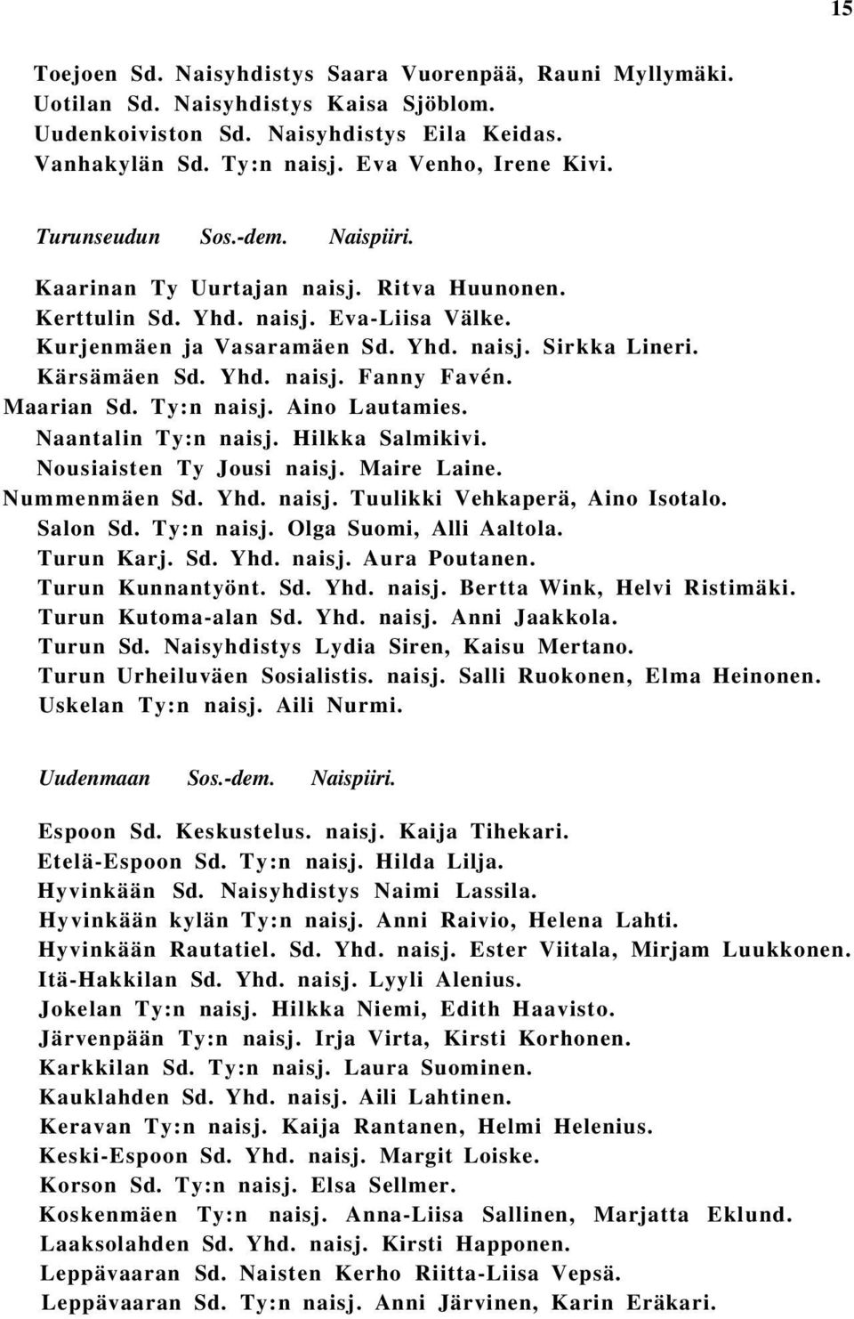 Maarian Sd. Ty:n naisj. Aino Lautamies. Naantalin Ty:n naisj. Hilkka Salmikivi. Nousiaisten Ty Jousi naisj. Maire Laine. Nummenmäen Sd. Yhd. naisj. Tuulikki Vehkaperä, Aino Isotalo. Salon Sd.