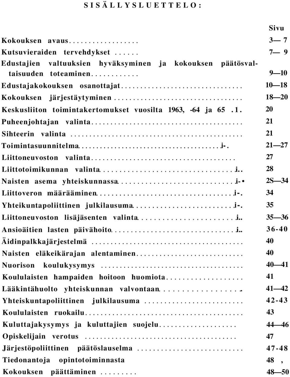 . Naisten asema yhteiskunnassa Liittoveron määrääminen Yhteikuntapoliittinen julkilausuma Liittoneuvoston lisäjäsenten valinta Ansioäitien lasten päivähoito Äidinpalkkajärjestelmä Naisten