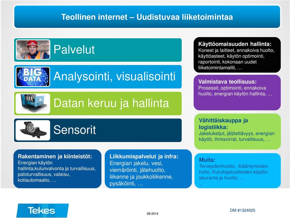 jäljitettävyys, energian käyttö, ihmisvirrat, turvallisuus, Rakentaminen ja kiinteistöt: Energian käytön hallinta,kulunvalvonta ja turvallisuus, paloturvallisuus, valaisu, kotiautomaatio,