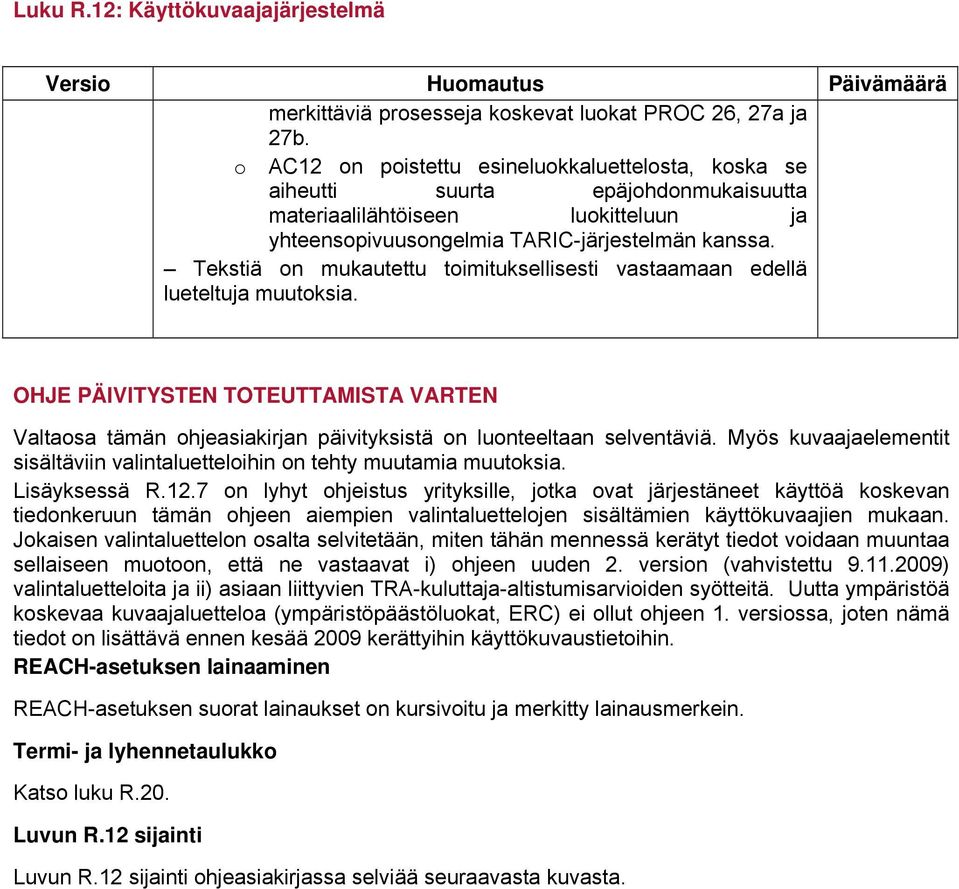 Tekstiä on mukautettu toimituksellisesti vastaamaan edellä lueteltuja muutoksia. OHJE PÄIVITYSTEN TOTEUTTAMISTA VARTEN Valtaosa tämän ohjeasiakirjan päivityksistä on luonteeltaan selventäviä.