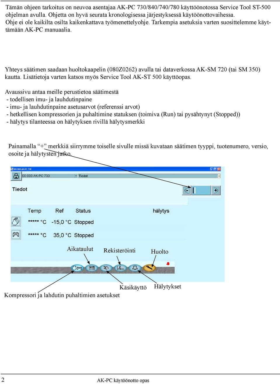 Yhteys säätimen saadaan huoltokaapelin (080Z0262) avulla tai dataverkossa AK-SM 720 (tai SM 350) kautta. Lisätietoja varten katsos myös Service Tool AK-ST 500 käyttöopas.