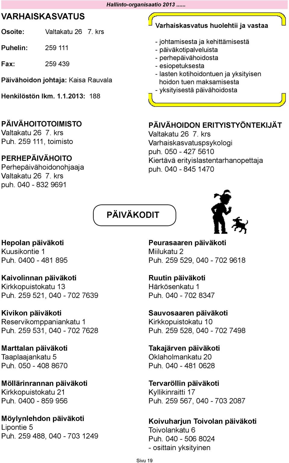 yksityisestä päivähoidosta PÄIVÄHOITOTOIMISTO Valtakatu 26 7. krs Puh. 259 111, toimisto PERHEPÄIVÄHOITO Perhepäivähoidonohjaaja Valtakatu 26 7. krs puh.