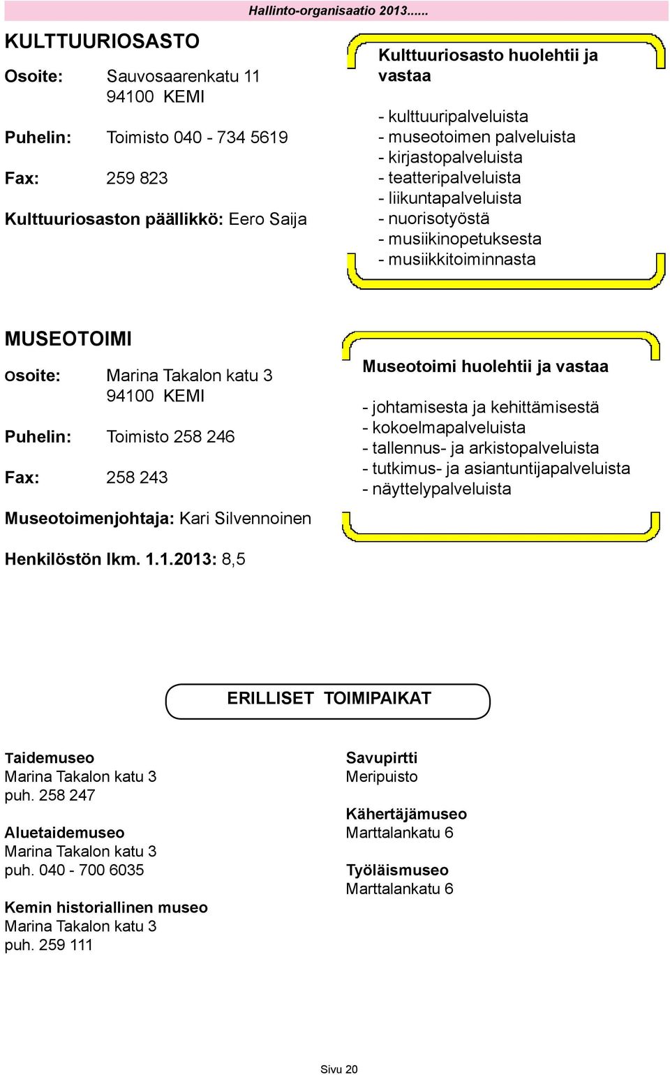 musiikkitoiminnasta MUSEOTOIMI Marina Takalon katu 3 Puhelin: Toimisto 258 246 Fax: 258 243 Museotoimenjohtaja: Kari Silvennoinen Museotoimi huolehtii ja vastaa - johtamisesta ja kehittämisestä -