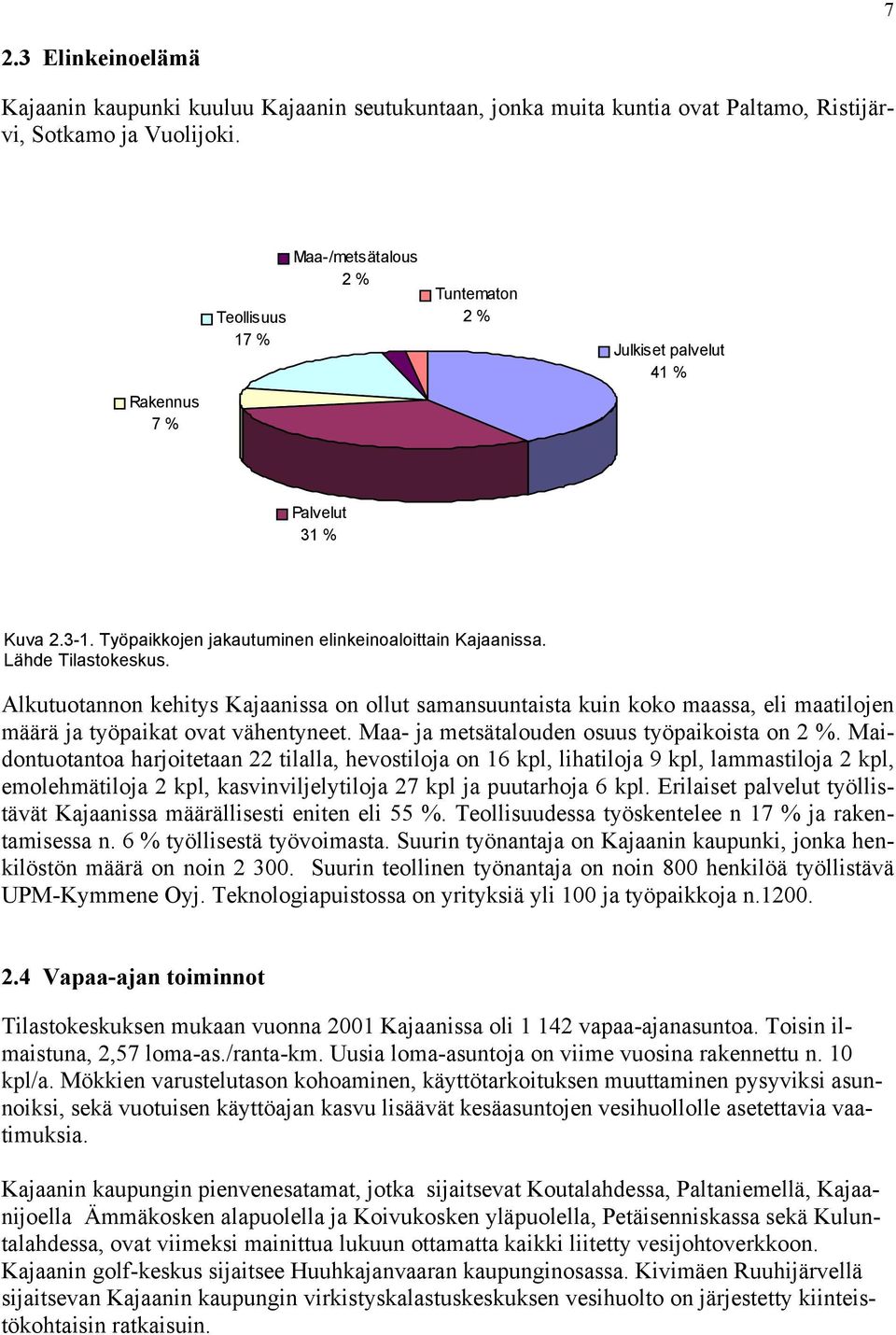 Alkutuotannon kehitys Kajaanissa on ollut samansuuntaista kuin koko maassa, eli maatilojen määrä ja työpaikat ovat vähentyneet. Maa- ja metsätalouden osuus työpaikoista on 2 %.