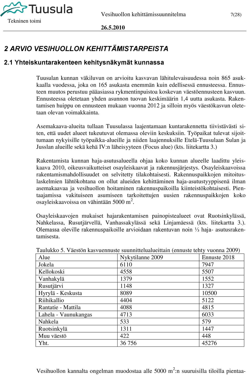 ennusteessa. Ennusteen muutos perustuu pääasiassa rykmentinpuistoa koskevan väestöennusteen kasvuun. Ennusteessa oletetaan yhden asunnon tuovan keskimäärin 1,4 uutta asukasta.