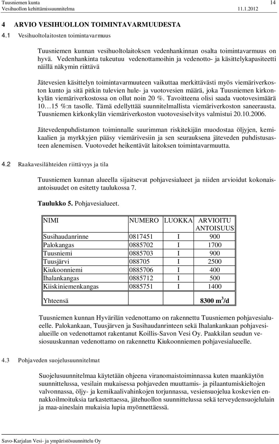 sitä pitkin tulevien hule- ja vuotovesien määrä, joka Tuusniemen kirkonkylän viemäriverkostossa on ollut noin 20 %. Tavoitteena olisi saada vuotovesimäärä 10 15 %:n tasolle.