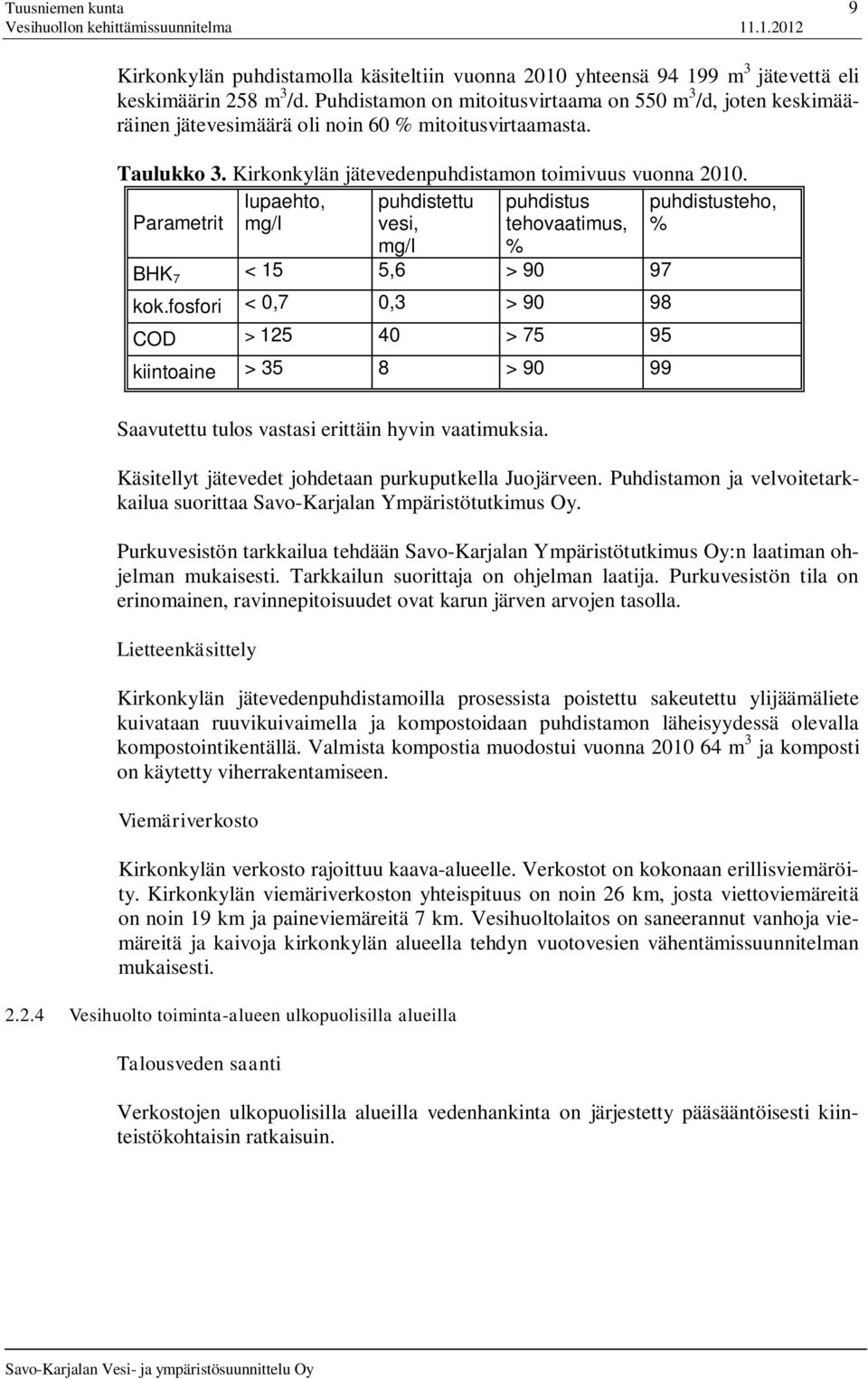 Parametrit lupaehto, mg/l puhdistettu vesi, puhdistus tehovaatimus, puhdistusteho, % mg/l % BHK 7 < 15 5,6 > 90 97 kok.