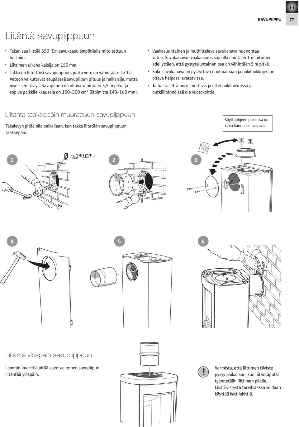 Savupiipun on oltava vähintään 3,5 m pitkä ja sopiva poikkileikkausala on 150 200 cm² (läpimitta 140 160 mm). Vaakasuuntainen ja mutkitteleva savukanava huonontaa vetoa.