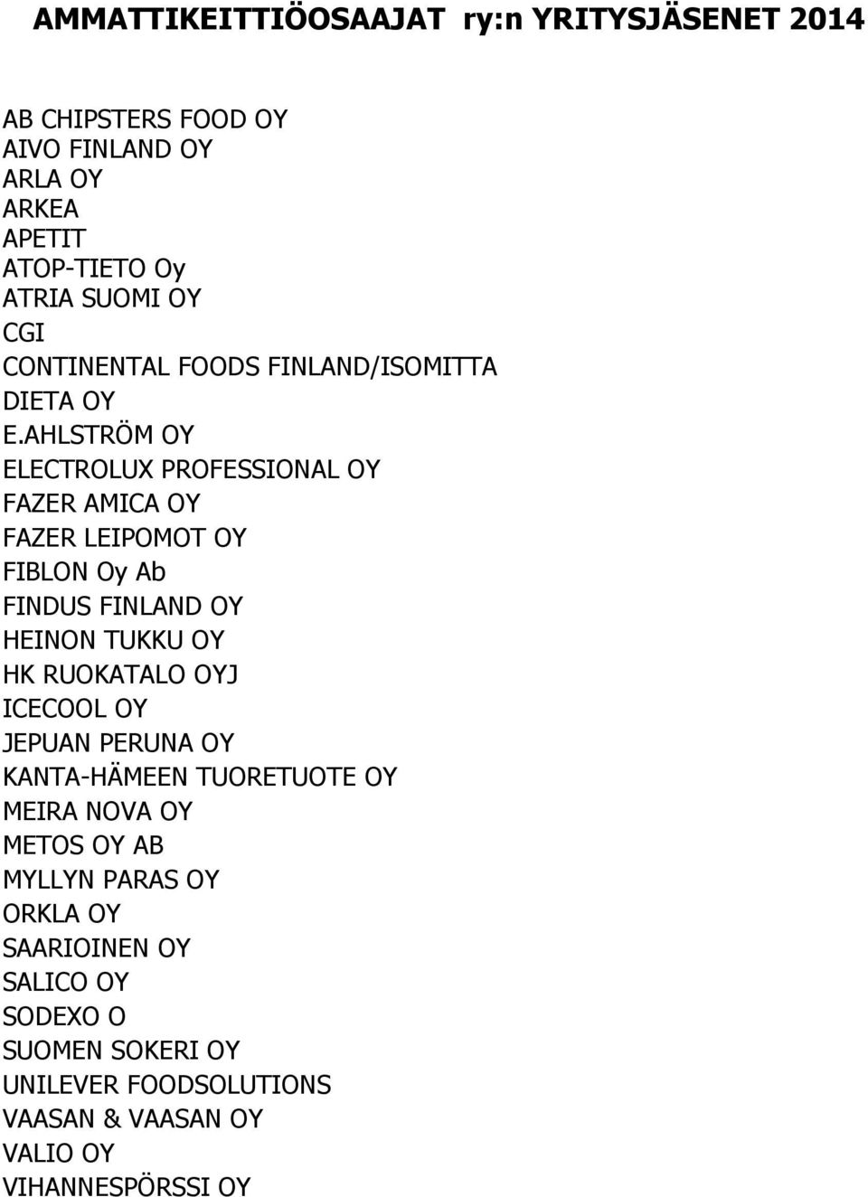 AHLSTRÖM OY ELECTROLUX PROFESSIONAL OY FAZER AMICA OY FAZER LEIPOMOT OY FIBLON Oy Ab FINDUS FINLAND OY HEINON TUKKU OY HK RUOKATALO OYJ