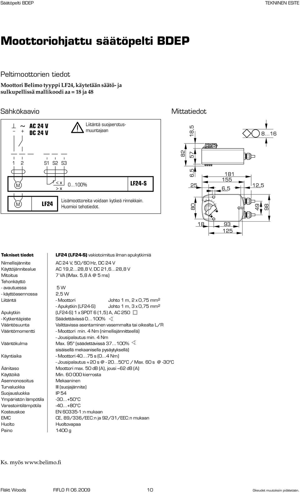 8 49 98 8 93 25 Tekniset tiedot LF24 (LF24-S) vakiotoimitus ilman apukytkimiä Nimellisjännite AC 24 V, 5/6 Hz, DC 24 V Käyttöjännitealue AC 9,2...28,8 V, DC 2,6...28,8 V Mitoitus 7 VA (IMax.