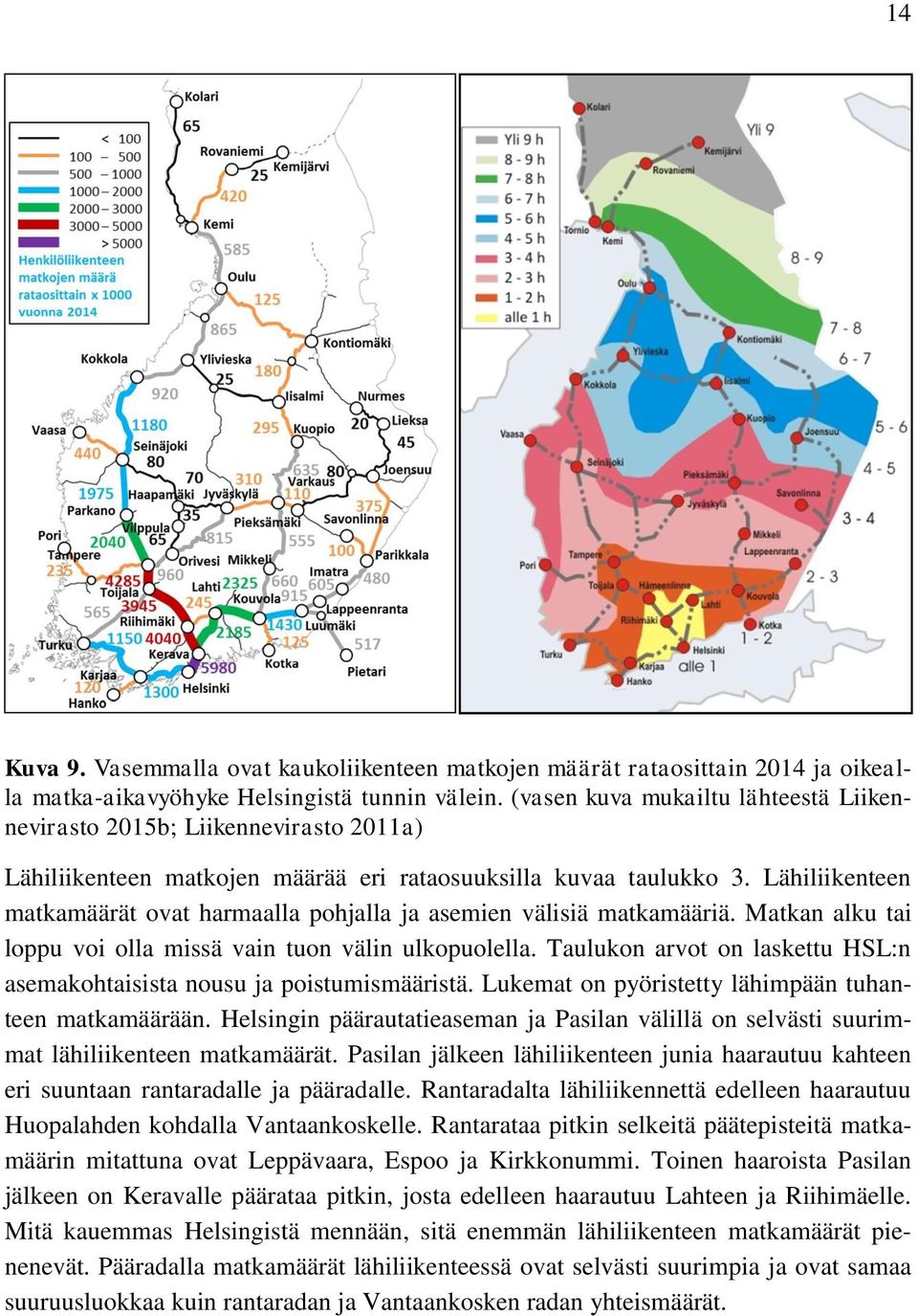 Lähiliikenteen matkamäärät ovat harmaalla pohjalla ja asemien välisiä matkamääriä. Matkan alku tai loppu voi olla missä vain tuon välin ulkopuolella.