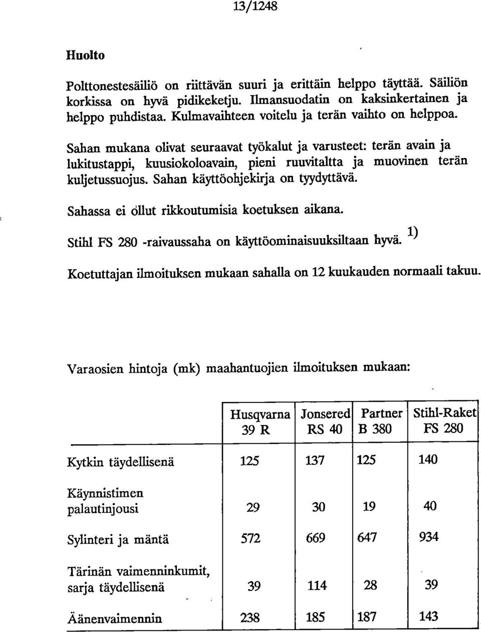 Sahan käyttöohjelcirja on tyydyttävä. Sahassa ei öllut rikkoutumisia koetuksen aikana. Stihl FS 28 -raivaussaha on käyttöominaisuuksiltaan hyvä.