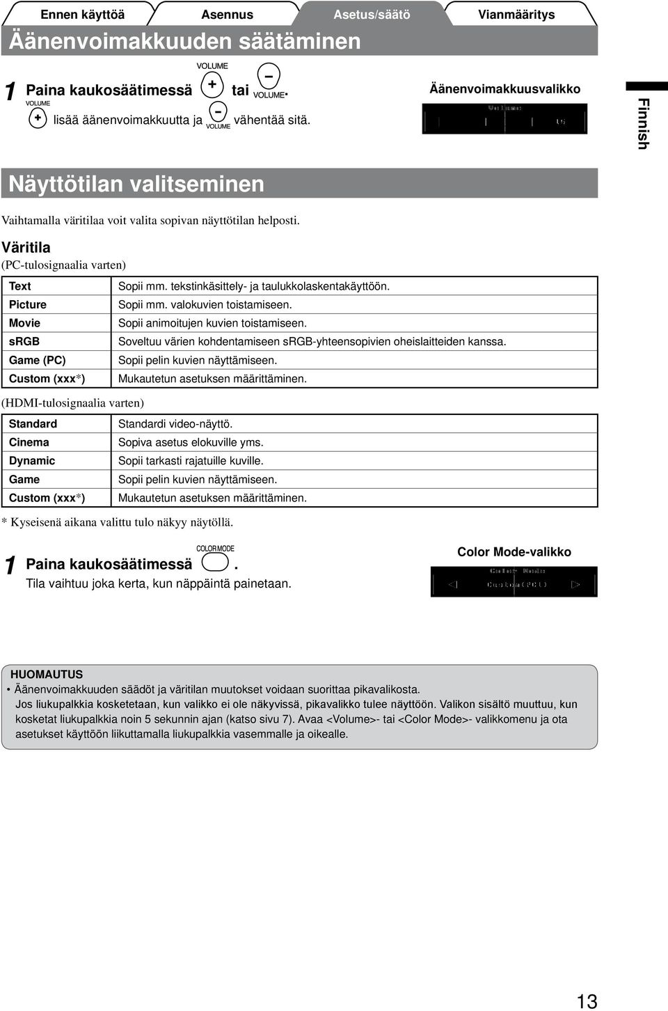 Väritila (PC-tulosignaalia varten) Text Picture Movie srgb Game (PC) Custom (xxx*) Sopii mm. tekstinkäsittely- ja taulukkolaskentakäyttöön. Sopii mm. valokuvien toistamiseen.
