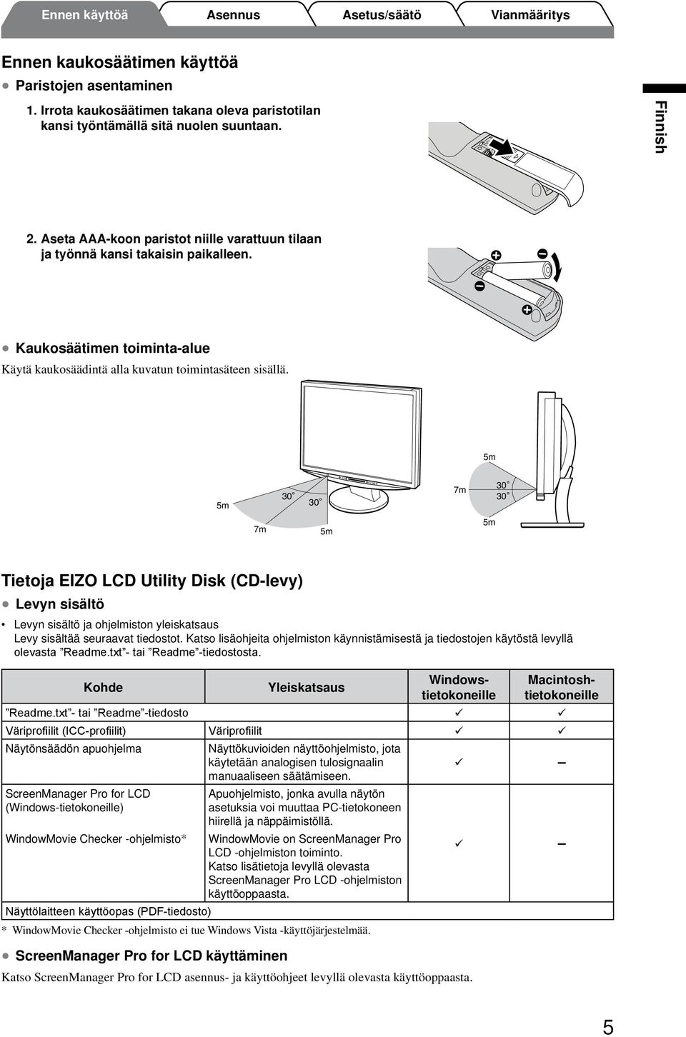 5m 5m 30 30 7m 30 30 7m 5m 5m Tietoja EIZO LCD Utility Disk (CD-levy) Levyn sisältö Levyn sisältö ja ohjelmiston yleiskatsaus Levy sisältää seuraavat tiedostot.