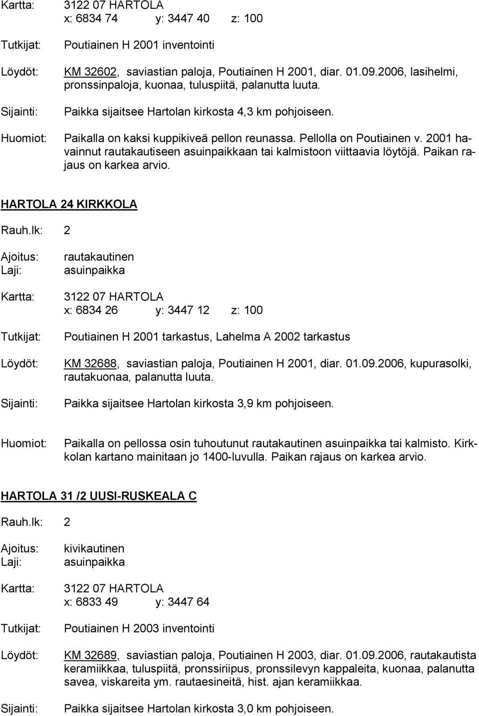 2001 havainnut rautakautiseen asuinpaikkaan tai kalmistoon viittaavia löytöjä. Paikan rajaus on karkea arvio.