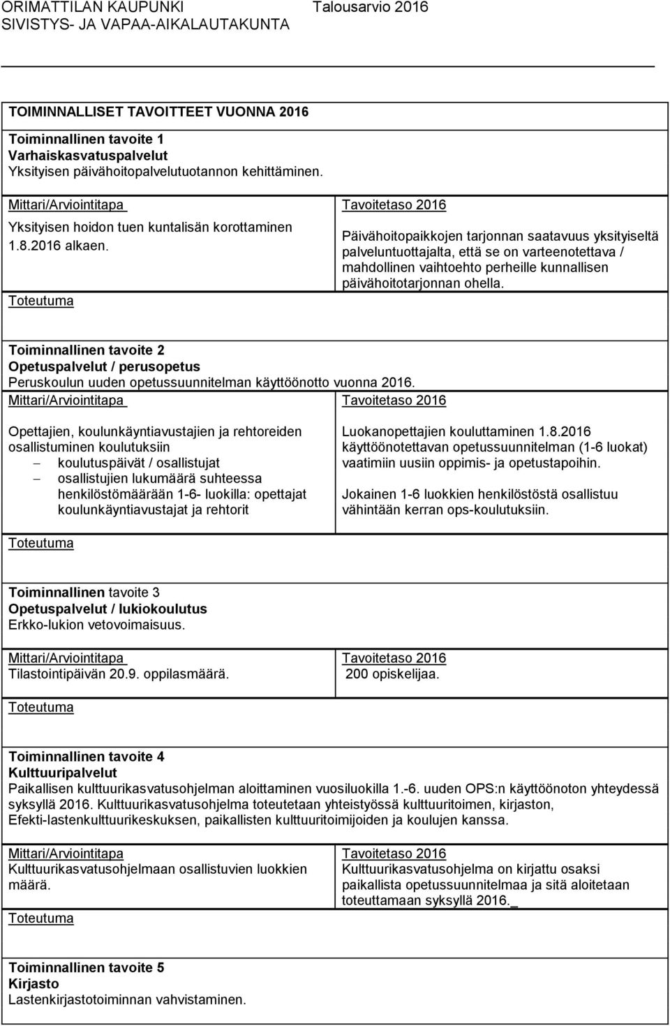 Toiminnallinen tavoite 2 Opetuspalvelut / perusopetus Peruskoulun uuden opetussuunnitelman käyttöönotto vuonna 2016.