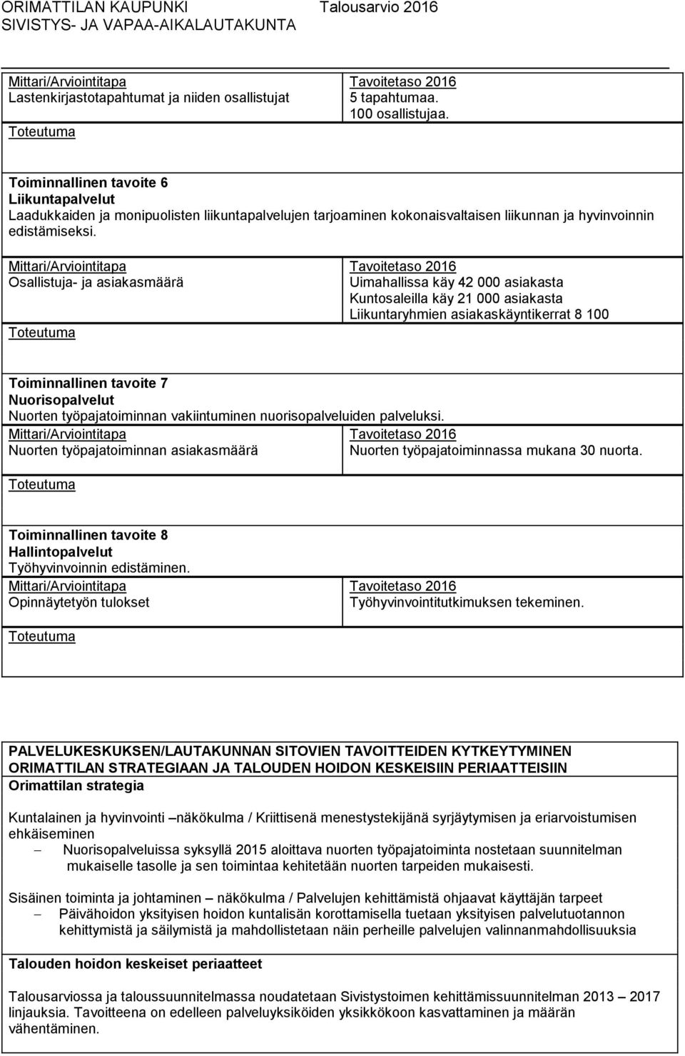 Osallistuja- ja asiakasmäärä Uimahallissa käy 42 000 asiakasta Kuntosaleilla käy 21 000 asiakasta Liikuntaryhmien asiakaskäyntikerrat 8 100 Toiminnallinen tavoite 7 Nuorisopalvelut Nuorten