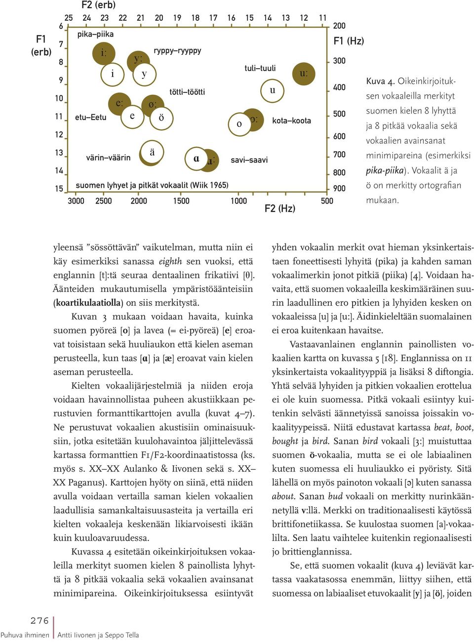 Oikeinkirjoituksen vokaaleilla merkityt suomen kielen 8 lyhyttä ja 8 pitkää vokaalia sekä vokaalien avainsanat minimipareina (esimerkiksi pika-piika). Vokaalit ä ja ö on merkitty ortografian mukaan.