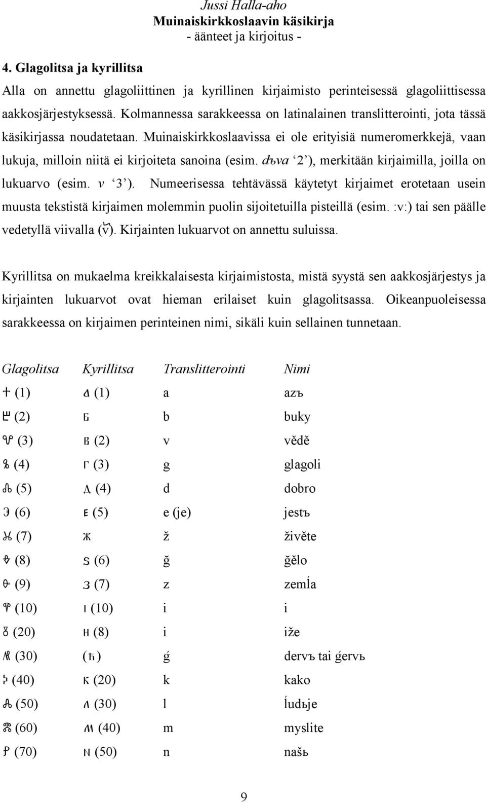 Muinaiskirkkoslaavissa ei ole erityisiä numeromerkkejä, vaan lukuja, milloin niitä ei kirjoiteta sanoina (esim. dъva 2 ), merkitään kirjaimilla, joilla on lukuarvo (esim. v 3 ).