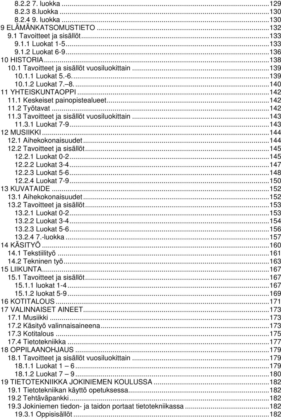 ..143 11.3.1 Luokat 7-9...143 12 MUSIIKKI...144 12.1 Aihekokonaisuudet...144 12.2 Tavoitteet ja sisällöt...145 12.2.1 Luokat 0-2...145 12.2.2 Luokat 3-4...147 12.2.3 Luokat 5-6...148 12.2.4 Luokat 7-9.