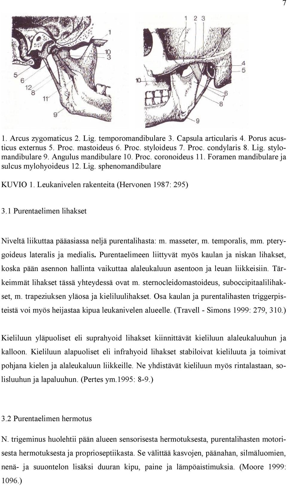 1 Purentaelimen lihakset Niveltä liikuttaa pääasiassa neljä purentalihasta: m. masseter, m. temporalis, mm. pterygoideus lateralis ja medialis.