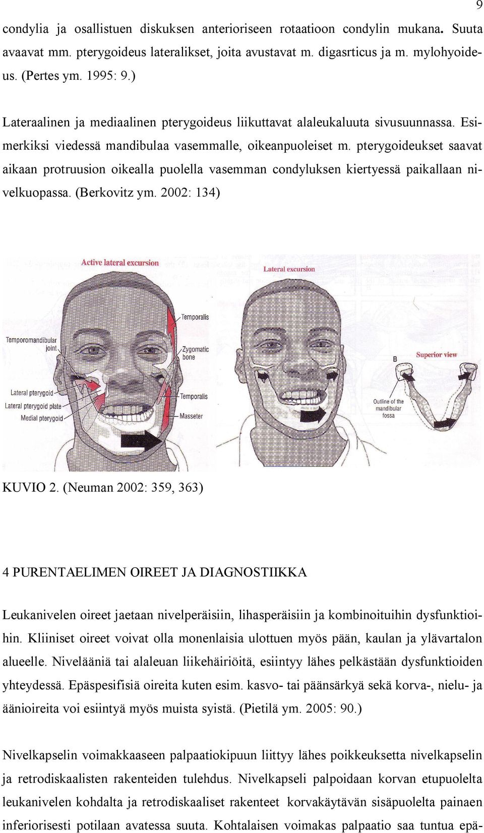 pterygoideukset saavat aikaan protruusion oikealla puolella vasemman condyluksen kiertyessä paikallaan nivelkuopassa. (Berkovitz ym. 2002: 134) KUVIO 2.