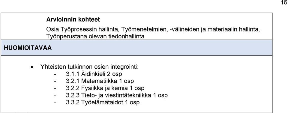 tutkinnon osien integrointi: 3.1.1 Äidinkieli 2 osp 3.2.1 Matematiikka 1 osp 3.2.2 Fysiikka ja kemia 1 osp 3.