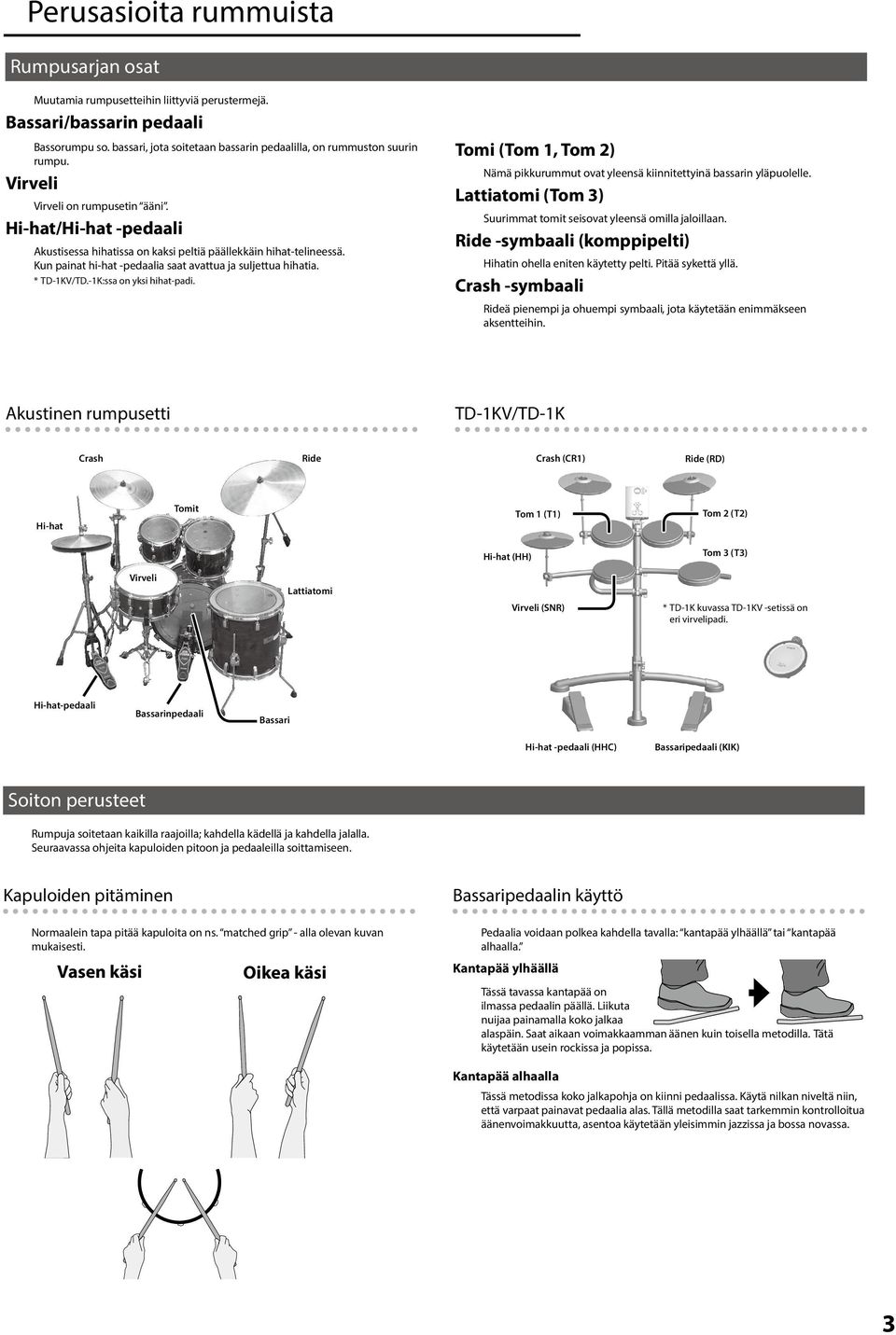 * TD-KV/TD.-K:ssa on yksi hihat-padi. Tomi (Tom, Tom ) Nämä pikkurummut ovat yleensä kiinnitettyinä bassarin yläpuolelle. Lattiatomi (Tom ) Suurimmat tomit seisovat yleensä omilla jaloillaan.