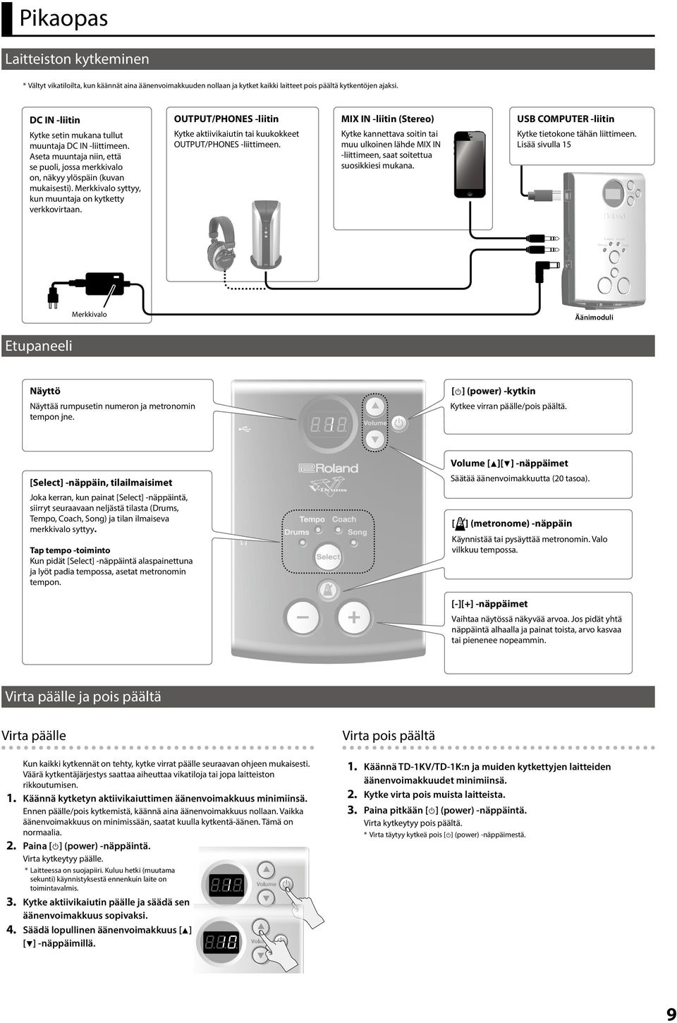 Merkkivalo syttyy, kun muuntaja on kytketty verkkovirtaan. OUTPUT/PHONES -liitin Kytke aktiivikaiutin tai kuukokkeet OUTPUT/PHONES -liittimeen.