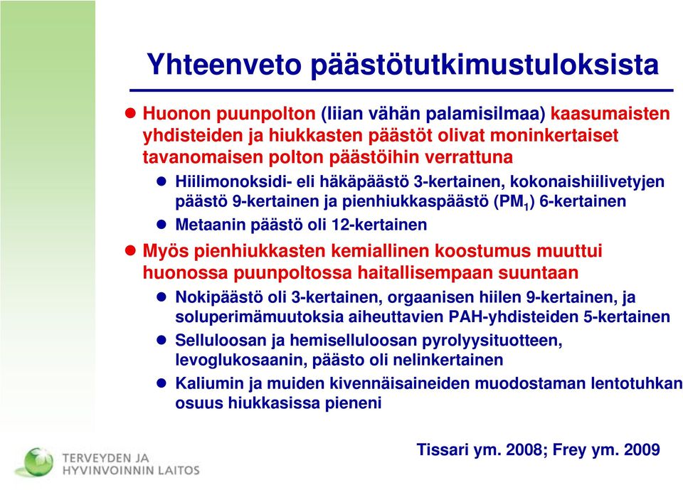 kemiallinen koostumus muuttui huonossa puunpoltossa haitallisempaan suuntaan Nokipäästö oli 3-kertainen, orgaanisen hiilen 9-kertainen, ja soluperimämuutoksia aiheuttavien PAH-yhdisteiden