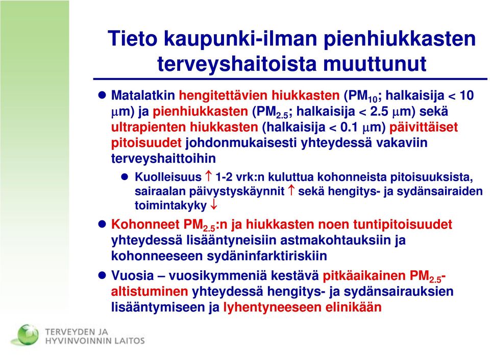 1 μm) ) päivittäiset pitoisuudet johdonmukaisesti yhteydessä vakaviin terveyshaittoihin Kuolleisuus 1-2 vrk:n kuluttua kohonneista pitoisuuksista, sairaalan päivystyskäynnit sekä