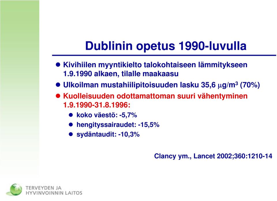 1990 alkaen, tilalle maakaasu Ulkoilman mustahiilipitoisuuden lasku 35,6 μg/m 3 (70%)