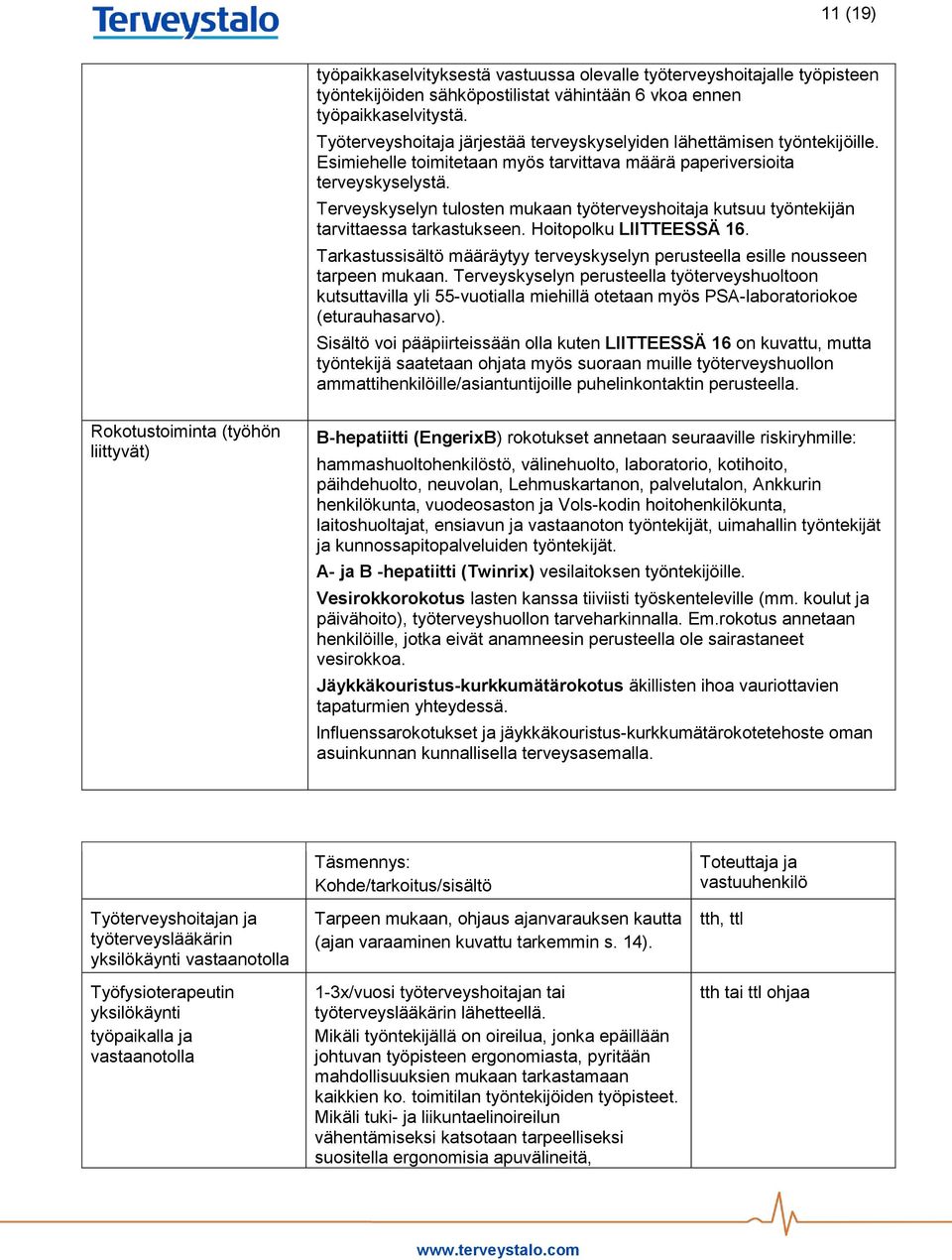 Terveyskyselyn tulosten mukaan työterveyshoitaja kutsuu työntekijän tarvittaessa tarkastukseen. Hoitopolku LIITTEESSÄ 16.