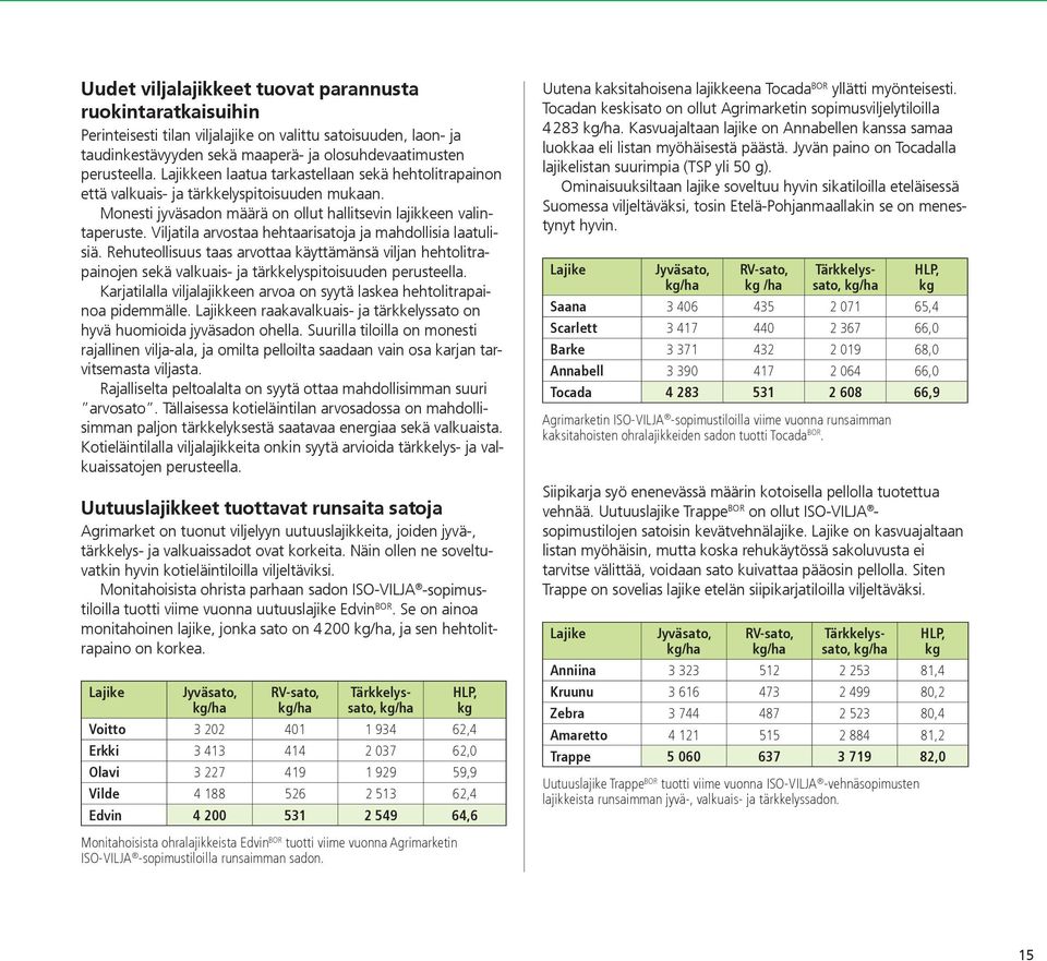 Viljatila arvostaa hehtaarisatoja ja mahdollisia laatulisiä. Rehuteollisuus taas arvottaa käyttämänsä viljan hehtolitrapainojen sekä valkuais- ja tärkkelyspitoisuuden perusteella.