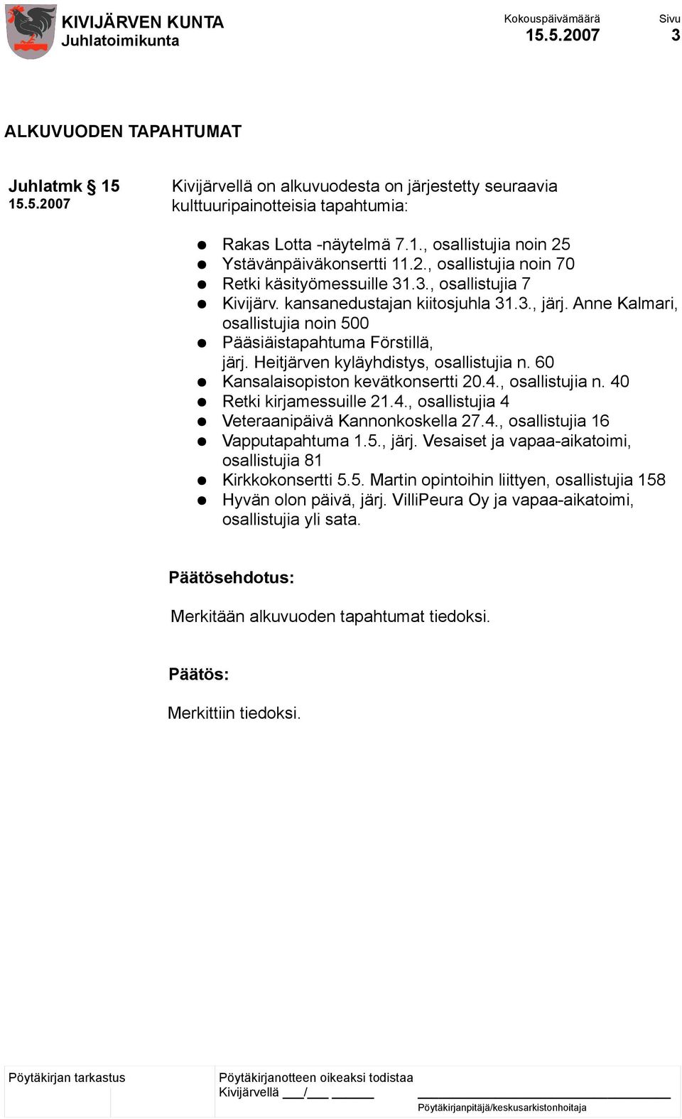 Anne Kalmari, osallistujia noin 500 Pääsiäistapahtuma Förstillä, järj. Heitjärven kyläyhdistys, osallistujia n. 60 Kansalaisopiston kevätkonsertti 20.4.