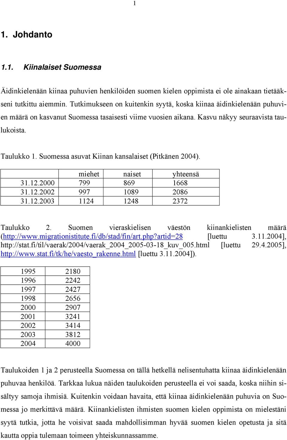 Suomessa asuvat Kiinan kansalaiset (Pitkänen 2004). miehet naiset yhteensä 31.12.2000 799 869 1668 31.12.2002 997 1089 2086 31.12.2003 1124 1248 2372 Taulukko 2.