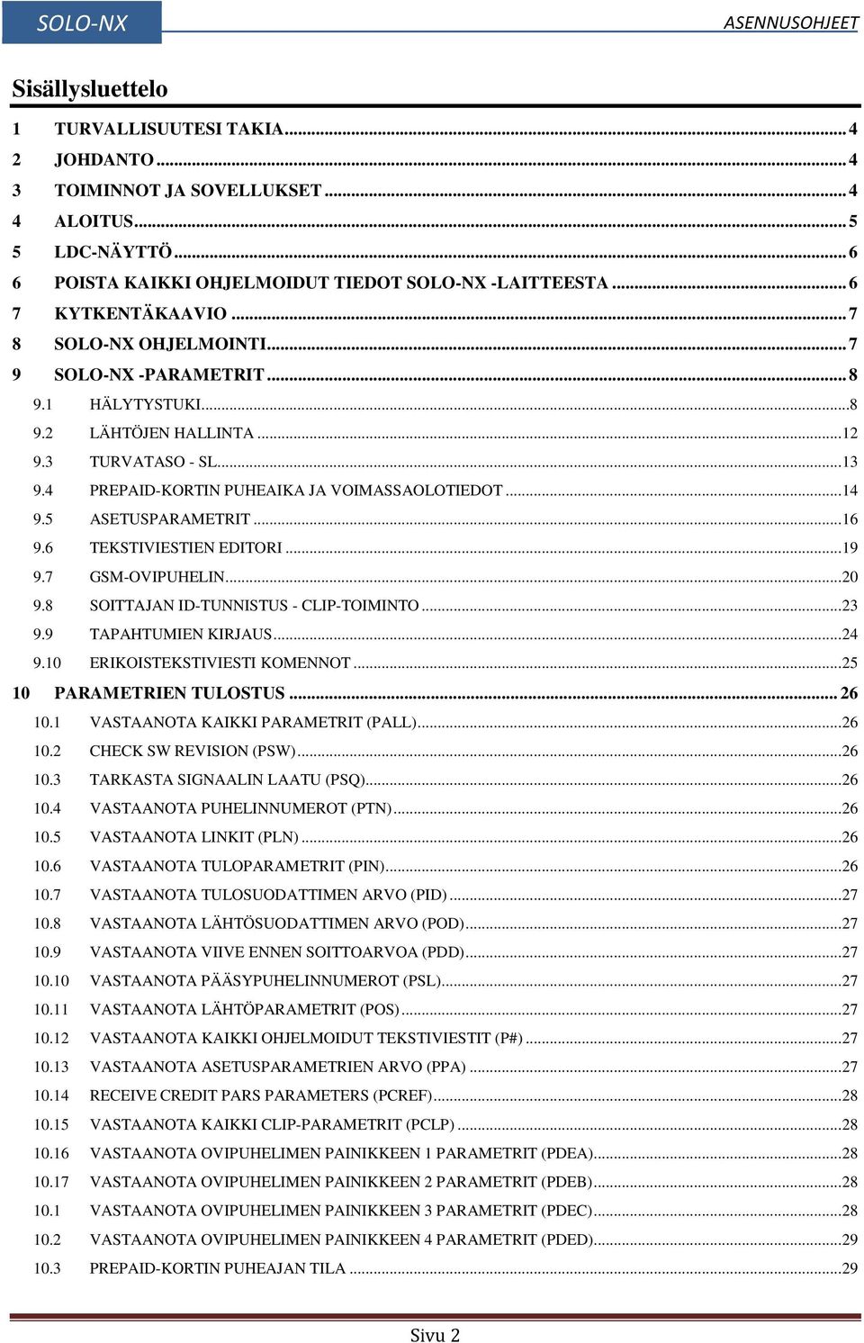 4 PREPAID-KORTIN PUHEAIKA JA VOIMASSAOLOTIEDOT... 14 9.5 ASETUSPARAMETRIT... 16 9.6 TEKSTIVIESTIEN EDITORI... 19 9.7 GSM-OVIPUHELIN... 20 9.8 SOITTAJAN ID-TUNNISTUS - CLIP-TOIMINTO... 23 9.