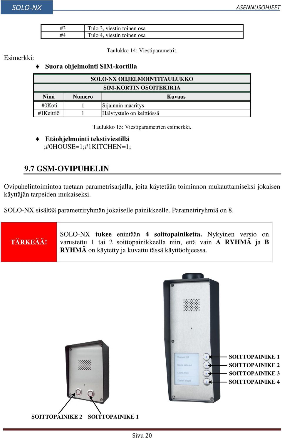 15: Viestiparametrien esimerkki. 9.7 GSM-OVIPUHELIN Ovipuhelintoimintoa tuetaan parametrisarjalla, joita käytetään toiminnon mukauttamiseksi jokaisen käyttäjän tarpeiden mukaiseksi.