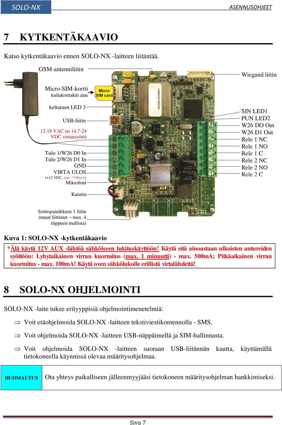 *100mA) Mikrofoni SIN LED1 PUN LED2 W26 DO Out W26 D1 Out Rele 1 NC Rele 1 NO Rele 1 C Rele 2 NC Rele 2 NO Rele 2 C Kaiutin Soittopainikkeen 1 liitin (muut liittimet max.