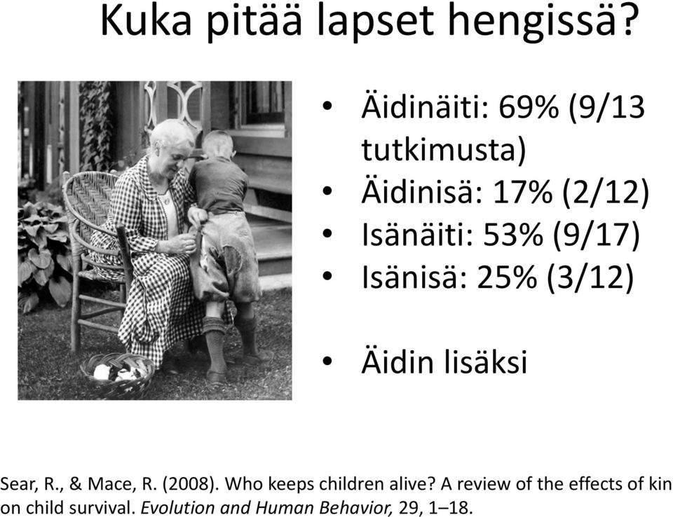 (9/17) Isänisä: 25% (3/12) Äidin lisäksi Sear, R., & Mace, R. (2008).