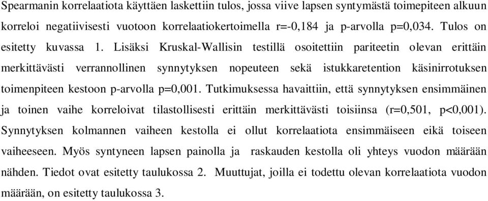 Lisäksi Kruskal-Wallisin testillä osoitettiin pariteetin olevan erittäin merkittävästi verrannollinen synnytyksen nopeuteen sekä istukkaretention käsinirrotuksen toimenpiteen kestoon p-arvolla