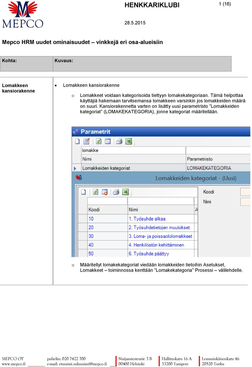 Kansirakennetta varten n lisätty uusi parametrist Lmakkeiden kategriat (LOMAKEKATEGORIA), jnne kategriat määritellään.