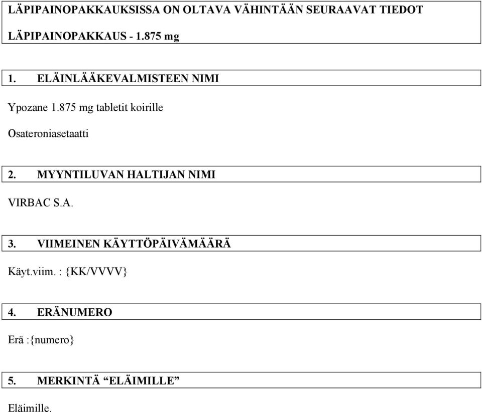 875 mg tabletit koirille Osateroniasetaatti 2. MYYNTILUVAN HALTIJAN NIMI 3.