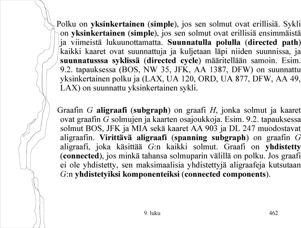 tapauksessa (BOS, NW 35, JFK, AA 1387, DFW) on suunnattu yksinkertainen polku ja (LAX, UA 120, ORD, UA 877, DFW, AA 49, LAX) on suunnattu yksinkertainen sykli.