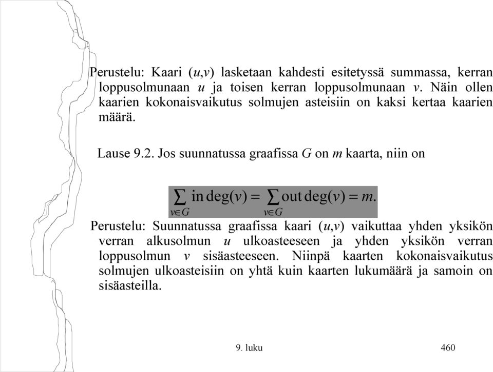 Jos suunnatussa graafissa G on m kaarta, niin on v G in deg( v ) = outdeg( v) = m.